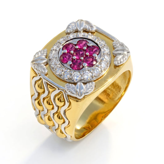Men's ring with magenta garnet cluster and diamond halo in 18K two tone gold, angled view