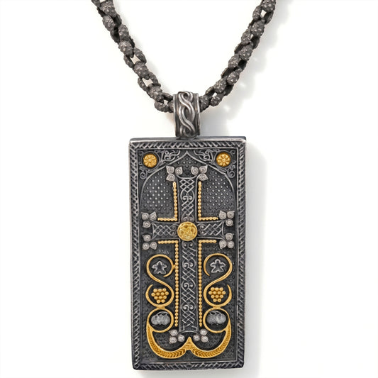 "Beginnings" large Armenian "Khachkar" cross pendant necklace in aged silver and 18K gold, front view