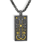 AGED SILVER 18K GOLD DIAMONDS LARGE ARMENIAN CROSS KHACHKAR PENDANT NECKLACE