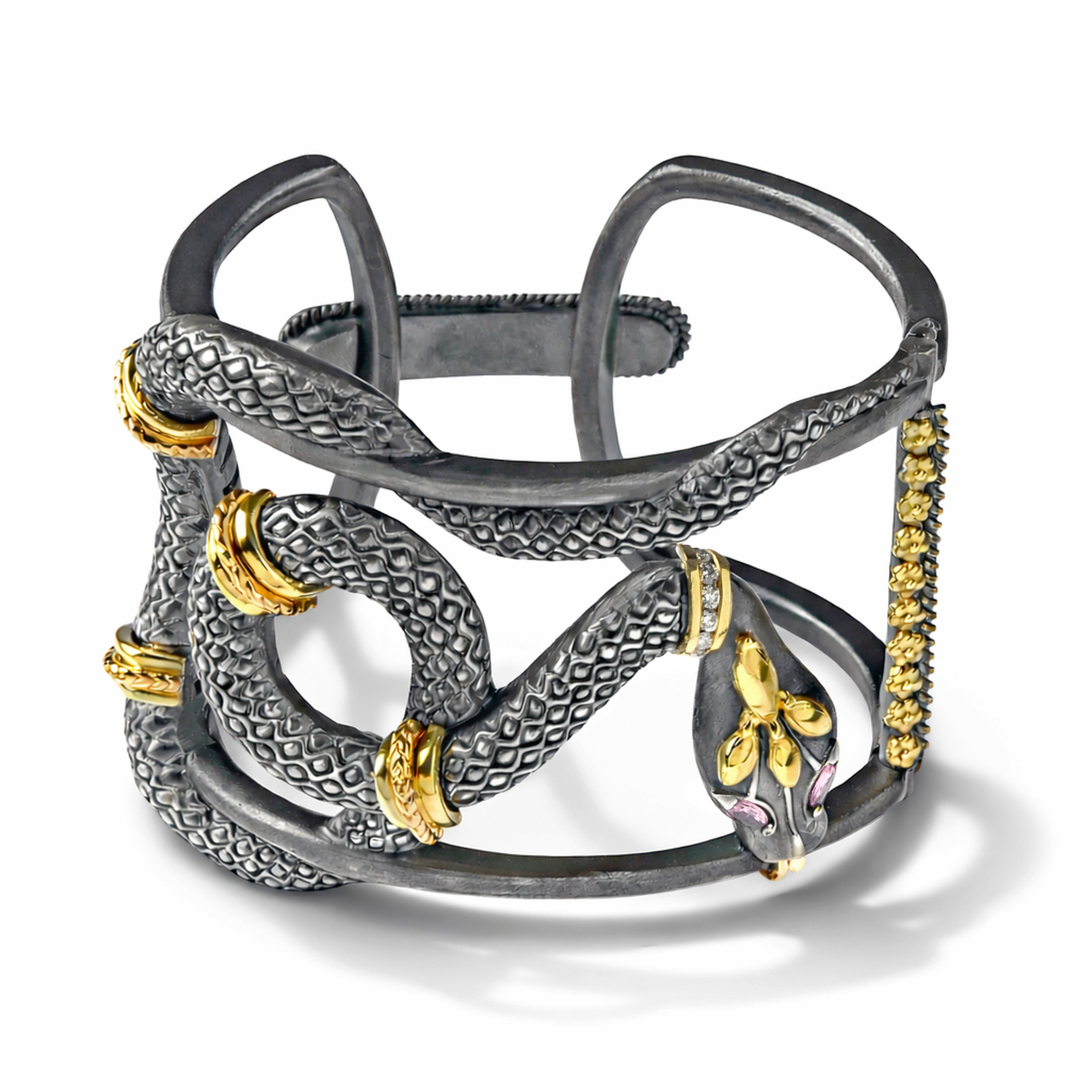 Stambolian Serpentine Aged Silver 18K Gold Cuff Close-Up Showing Serpent Heads with Pink Sapphire Eyes