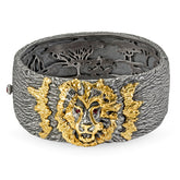 LION HEAD AGED SILVER 18K GOLD CUFF BANGLE