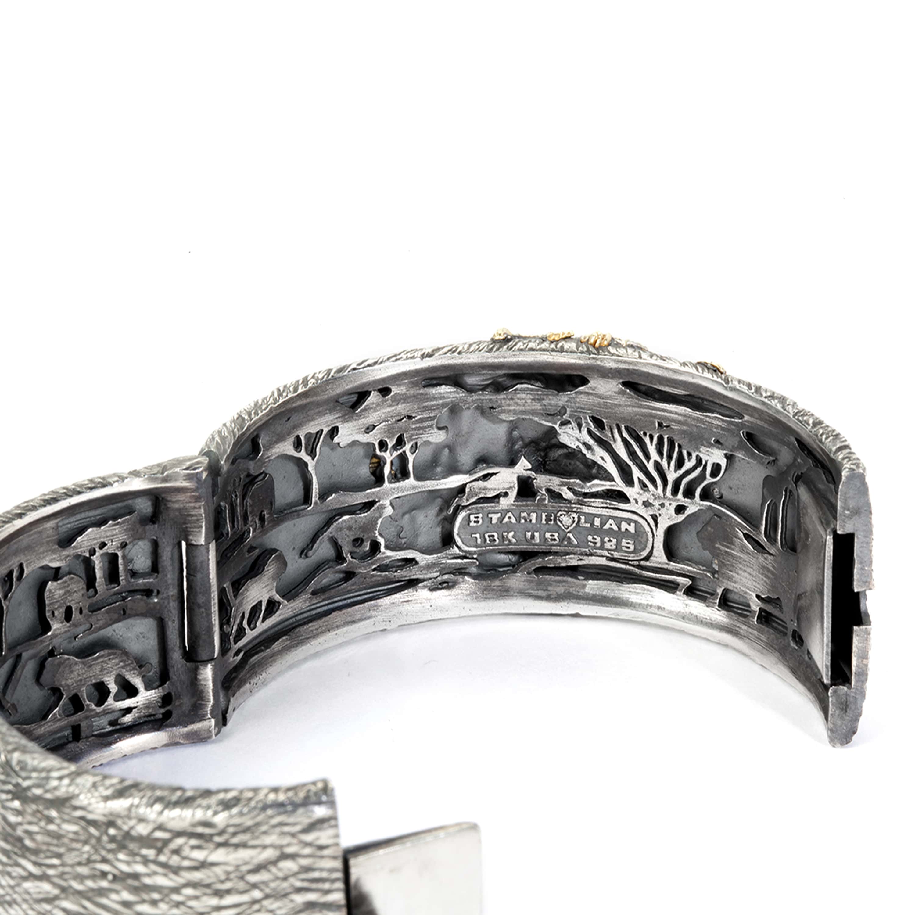 Stambolian Lion Head Aged Silver and 18K Gold Diamond Cuff Bangle Front View