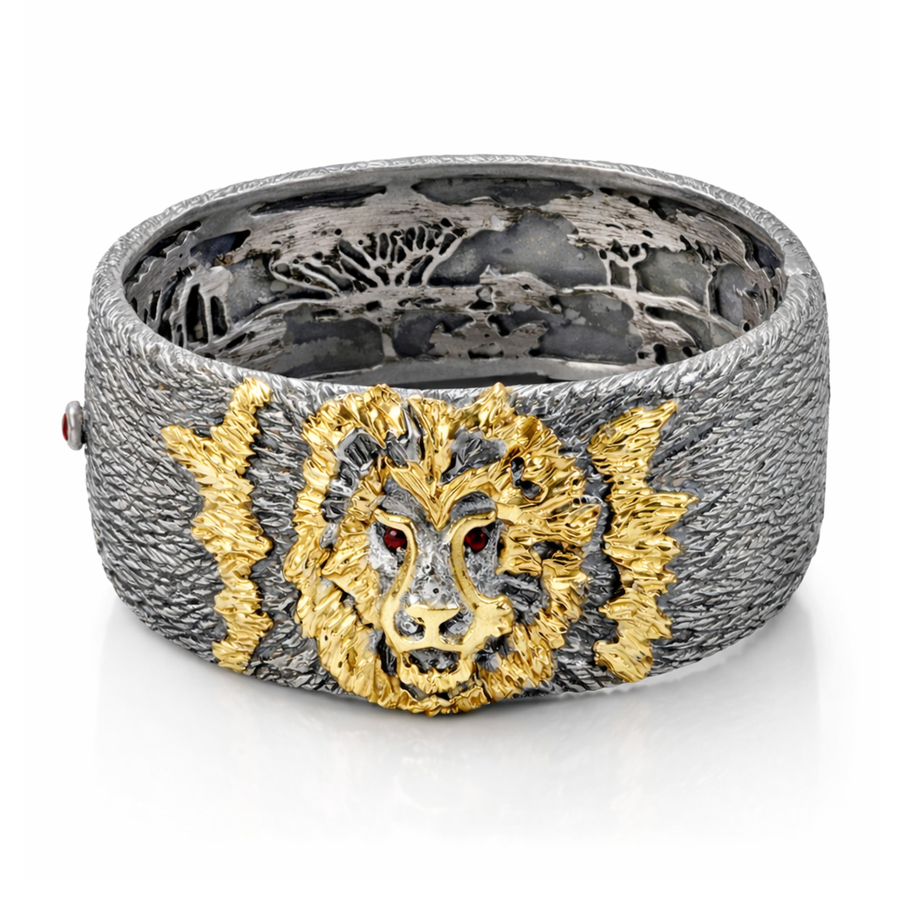 Stambolian Lion Head Aged Silver and 18K Gold Diamond Cuff Bangle Front View