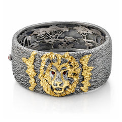 Stambolian Lion Head Aged Silver and 18K Gold Diamond Cuff Bangle Front View