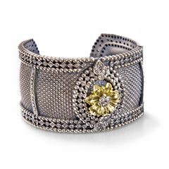 Stambolian Organza Aged Silver and 18K Gold Diamond Floral Cuff Close-Up Studio View