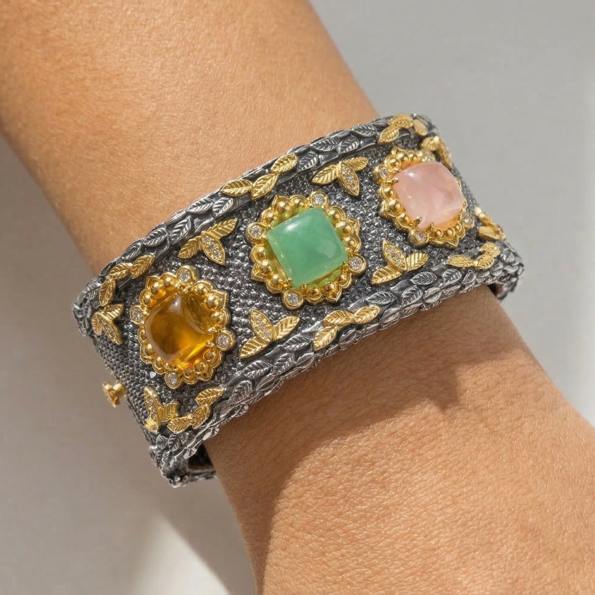 Stambolian Hayastan Aged Silver and 18K Gold Armenian Cuff with Green Chalcedony on White Background