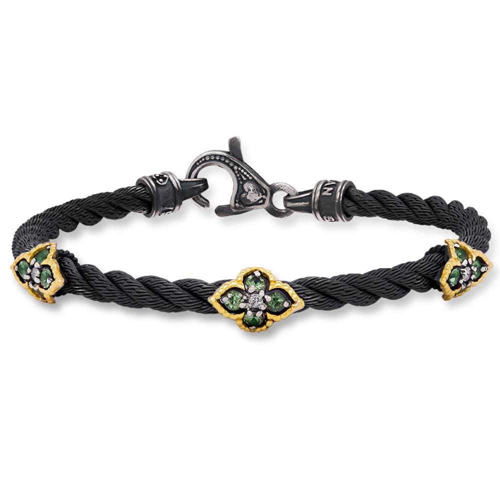 AGED SILVER 18K GOLD GREEN SAPPHIRE CABLE BRACELET - Stambolian | House of Jewels