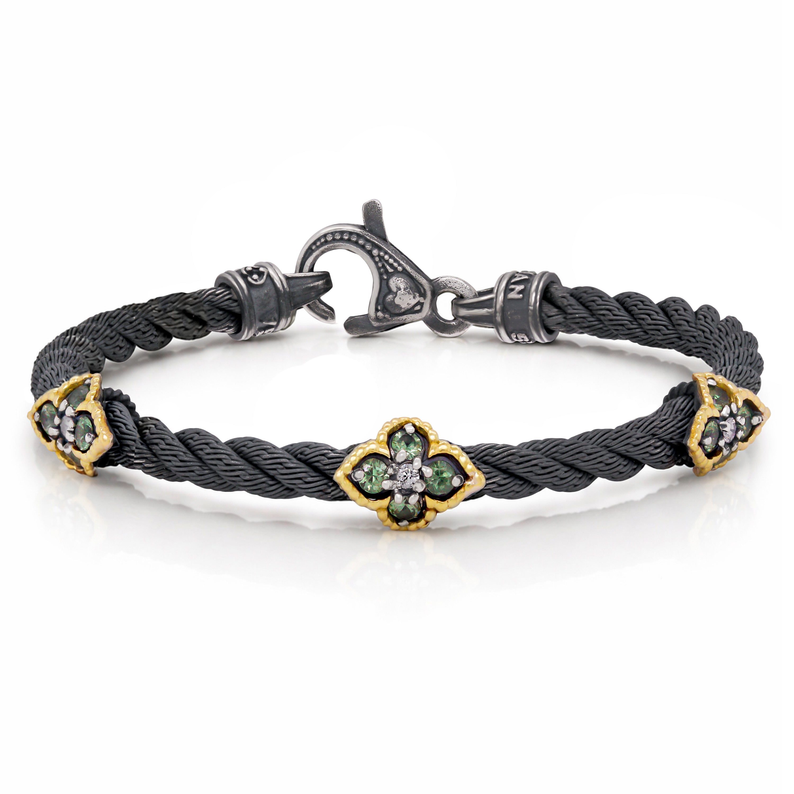 Stambolian Aged Silver 18K Gold Green Sapphire Diamond Cable Bracelet Close Up with Quatrefoil