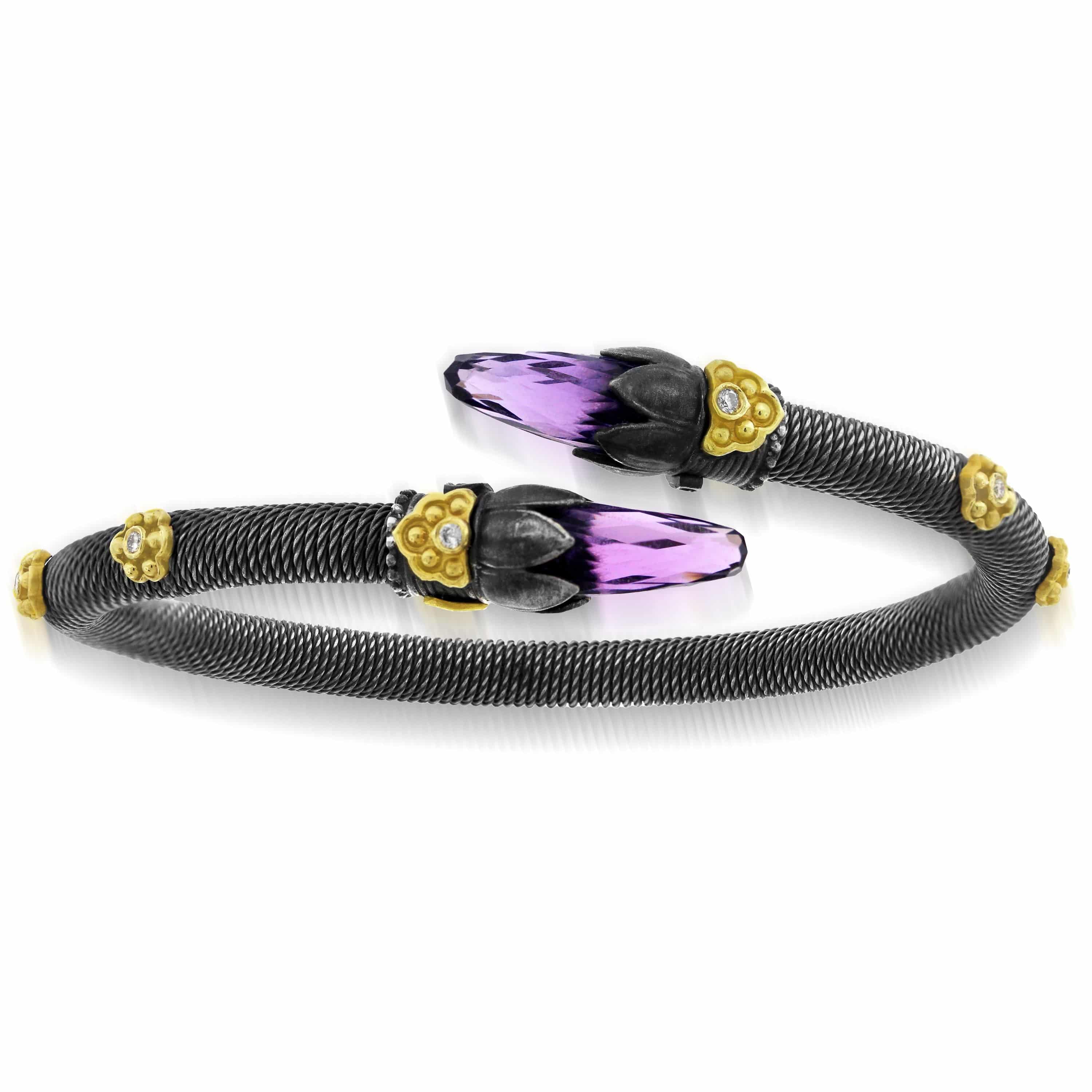AGED SILVER 18K GOLD DIAMOND AMETHYST CROSSOVER BRACELET - Stambolian | House of Jewels