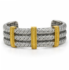 Stambolian Aged Silver 18K Gold Golfers Cuff Bangle Front View with Triple Gold Bands