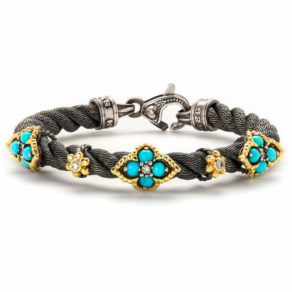 "Beginnings" cable bracelet in aged silver and 18K gold with Sleeping Beauty turquoise, front view
