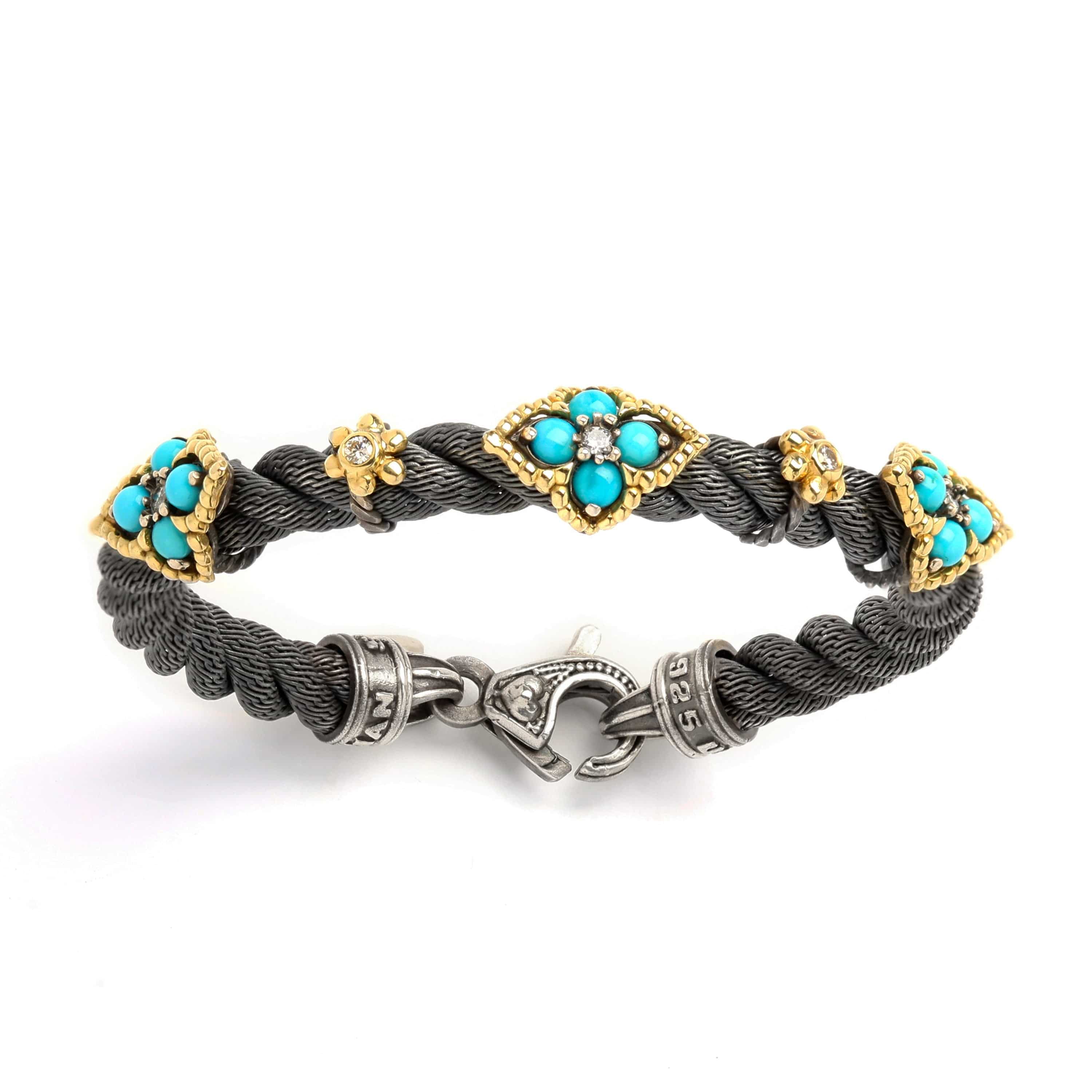 AGED SILVER 18K GOLD TURQUOISE DIAMOND CABLE BRACELET - Stambolian | House of Jewels