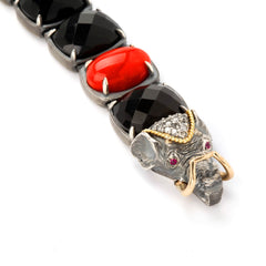 ELEPHANT AGED SILVER 18K GOLD ONYX CORAL UNISEX BRACELET