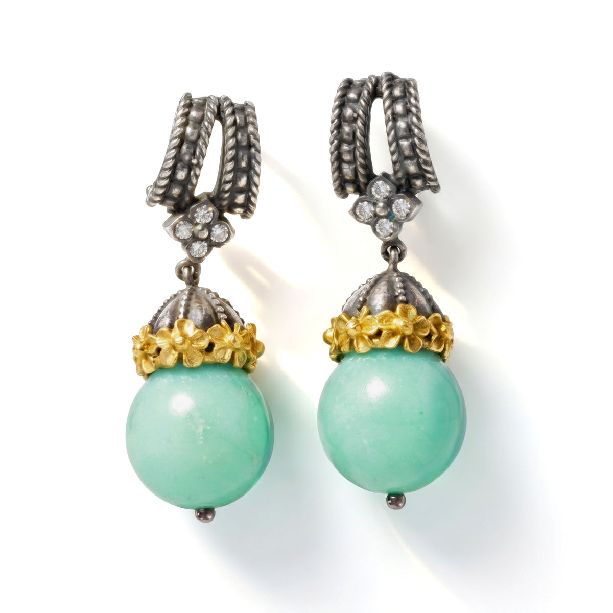Chrysoprase and diamond drop earrings in aged silver and 18K gold, front view of the pair