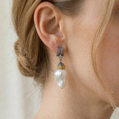Stambolian Beginnings Aged Silver 18K Gold Diamond Baroque Pearl Drop Earrings