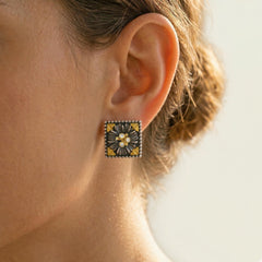 Stambolian Organza Aged Silver and 18K Gold Diamond Floral Stud Earrings on White Background