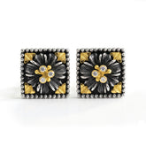 Organza Aged Silver Diamond Floral Stud Earrings