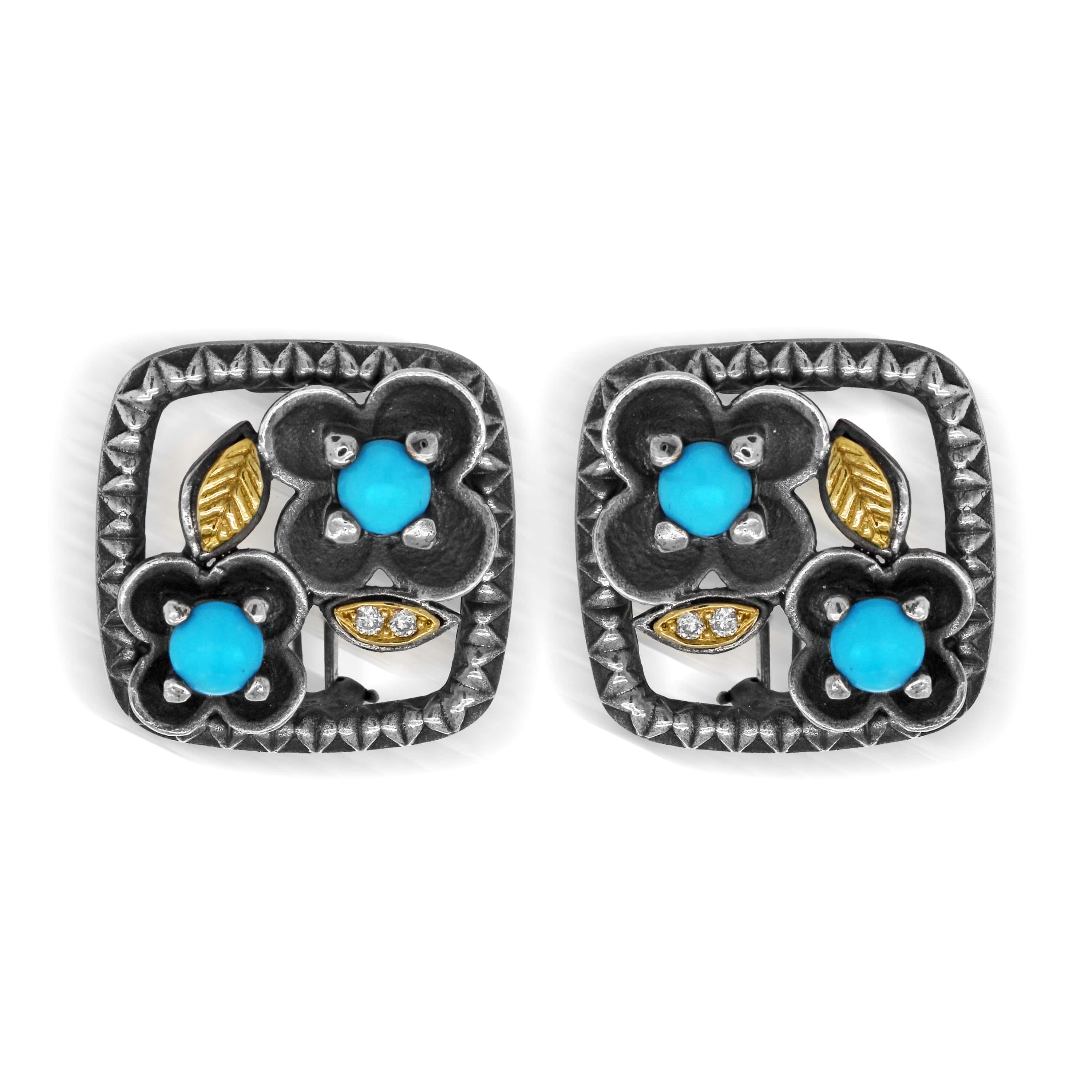 Stambolian Aged Silver 18K Gold Sleeping Beauty Turquoise Diamond Floral Earrings Close Up
