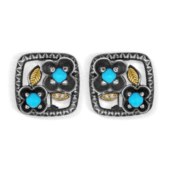 Stambolian Aged Silver 18K Gold Sleeping Beauty Turquoise Diamond Floral Earrings Close Up