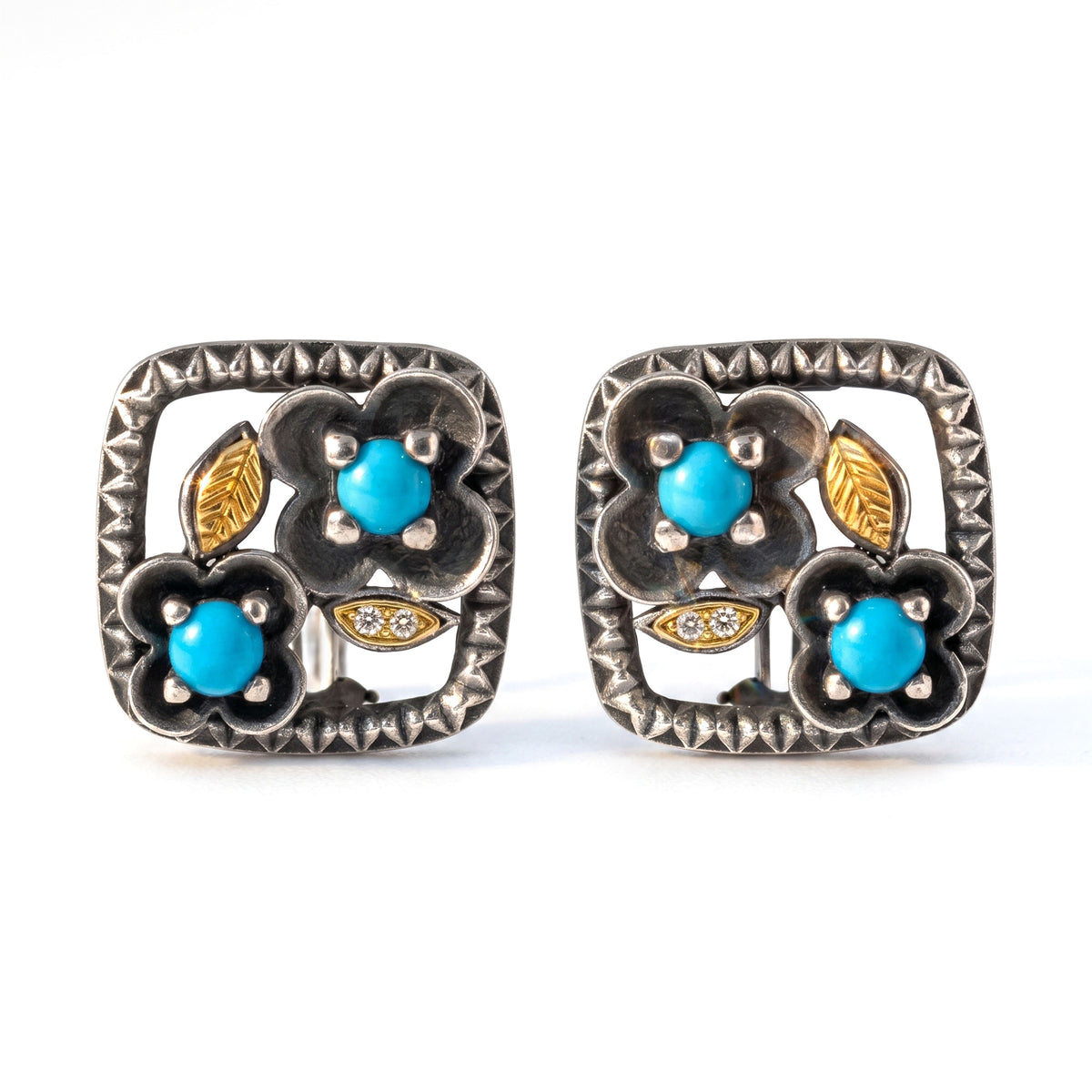 "Beginnings" aged silver and 18K gold floral earrings with Sleeping Beauty turquoise and diamonds, pair shown together