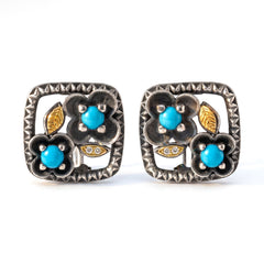 Aged Silver & 18K Gold Turquoise Diamond Floral Earrings