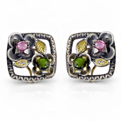 Stambolian Aged Silver 18K Gold Pink and Green Tourmaline Diamond Floral Earrings on White Background