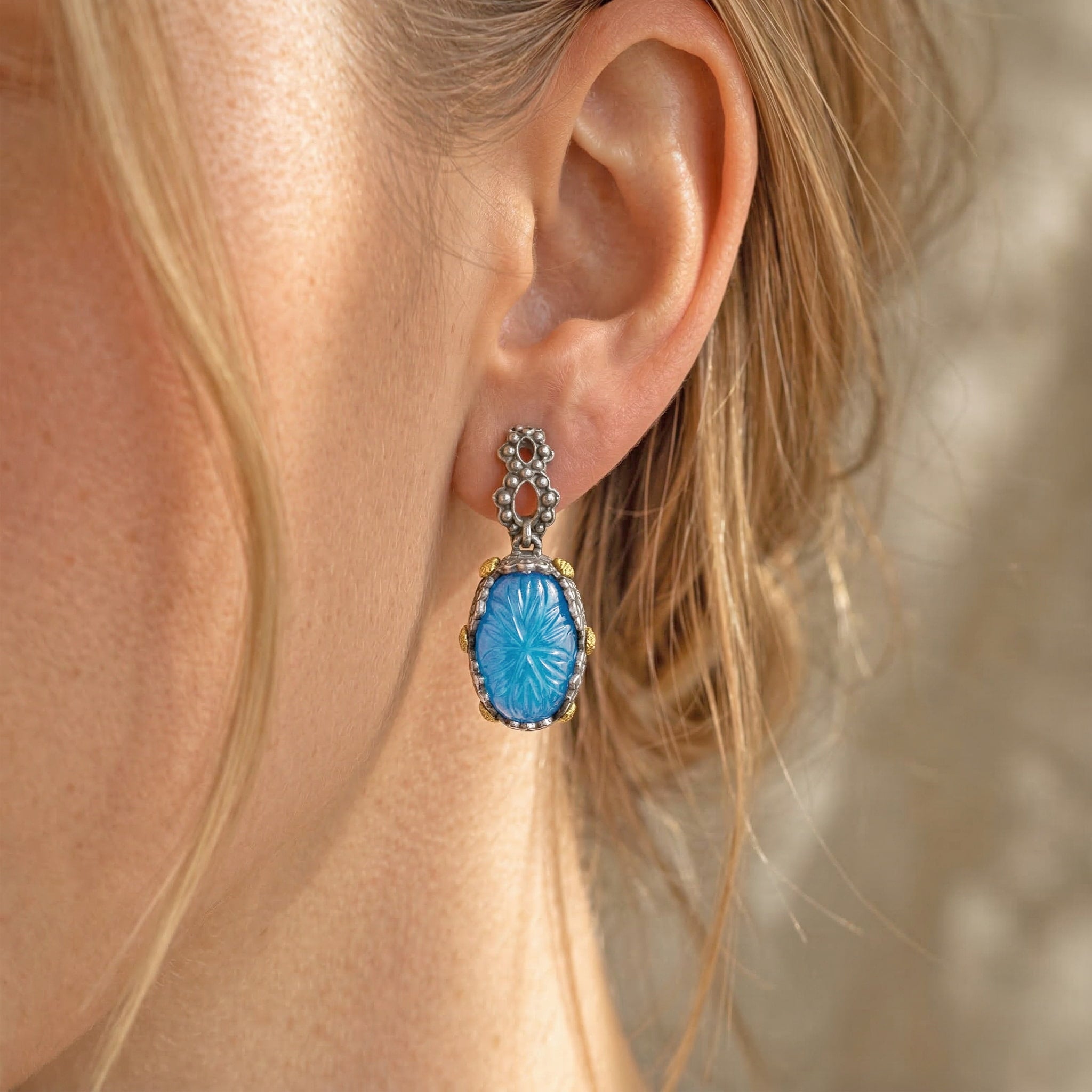Stambolian Beginnings Aged Silver 18K Gold Aquamarine Earrings Front View