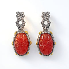 Aged Silver & 18K Gold Carved Carnelian Drop Earrings