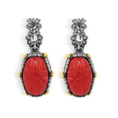 Stambolian Aged Silver 18K Gold Floral Carved Carnelian Drop Earrings on White Background