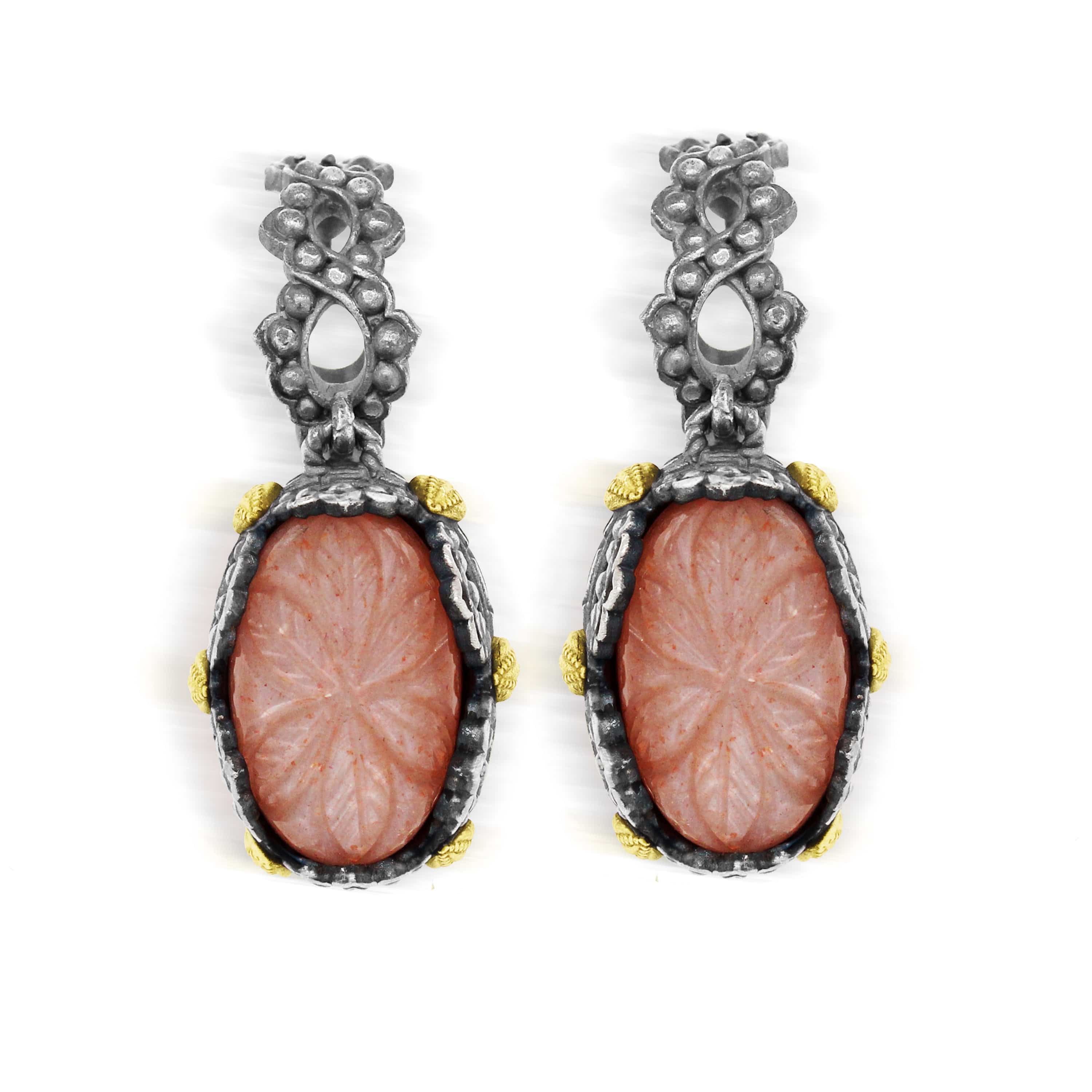 Stambolian Aged Silver 18K Gold Floral Carved Peach Moonstone Drop Earrings Studio Shot