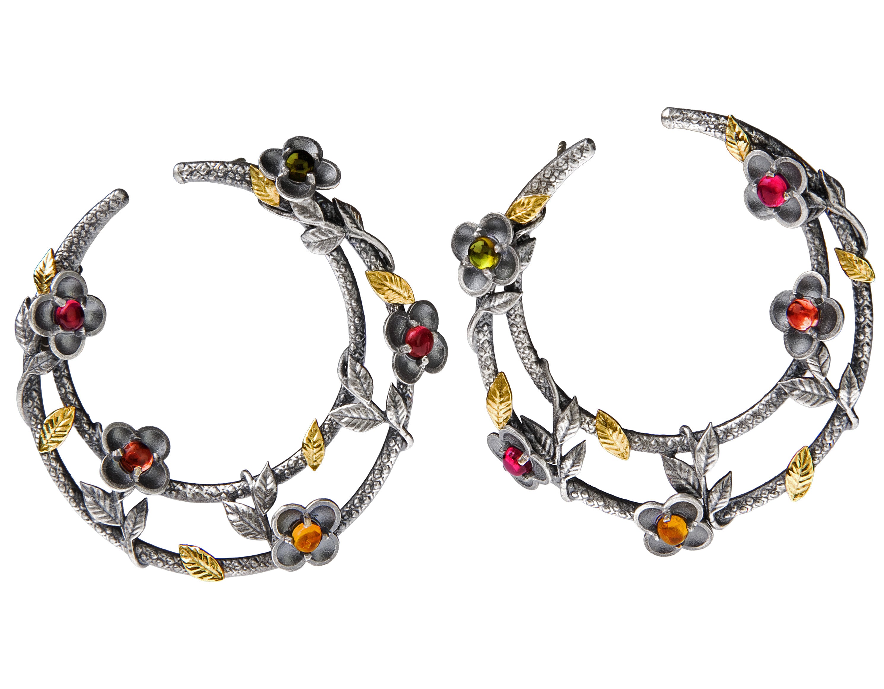 Stambolian Aged Silver 18K Gold Tourmaline Floral Side Hoop Earrings on White Background