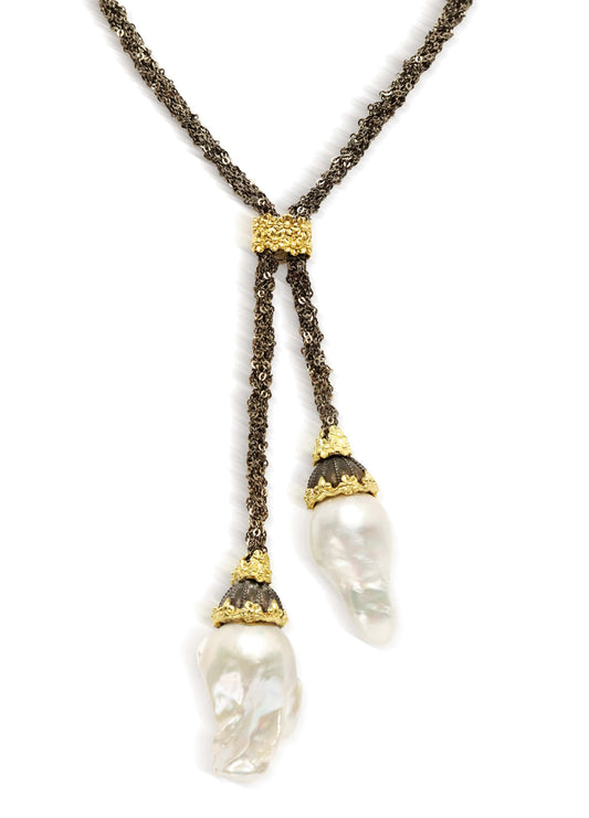 "YOLO" aged silver and 18K gold lariat necklace with baroque pearls, front view