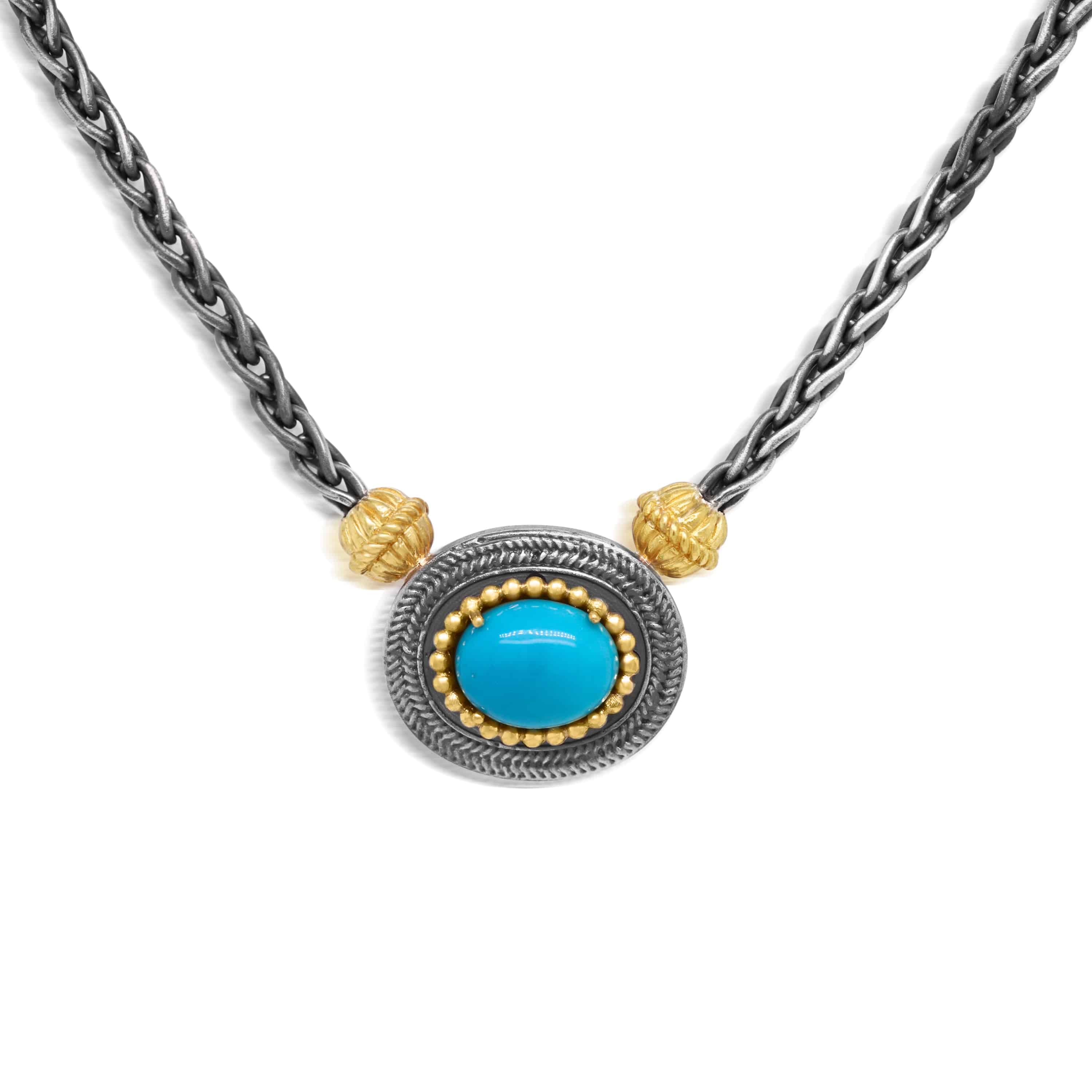Stambolian Beginnings Aged Silver 18K Gold Pendant with Sleeping Beauty Turquoise Close-Up