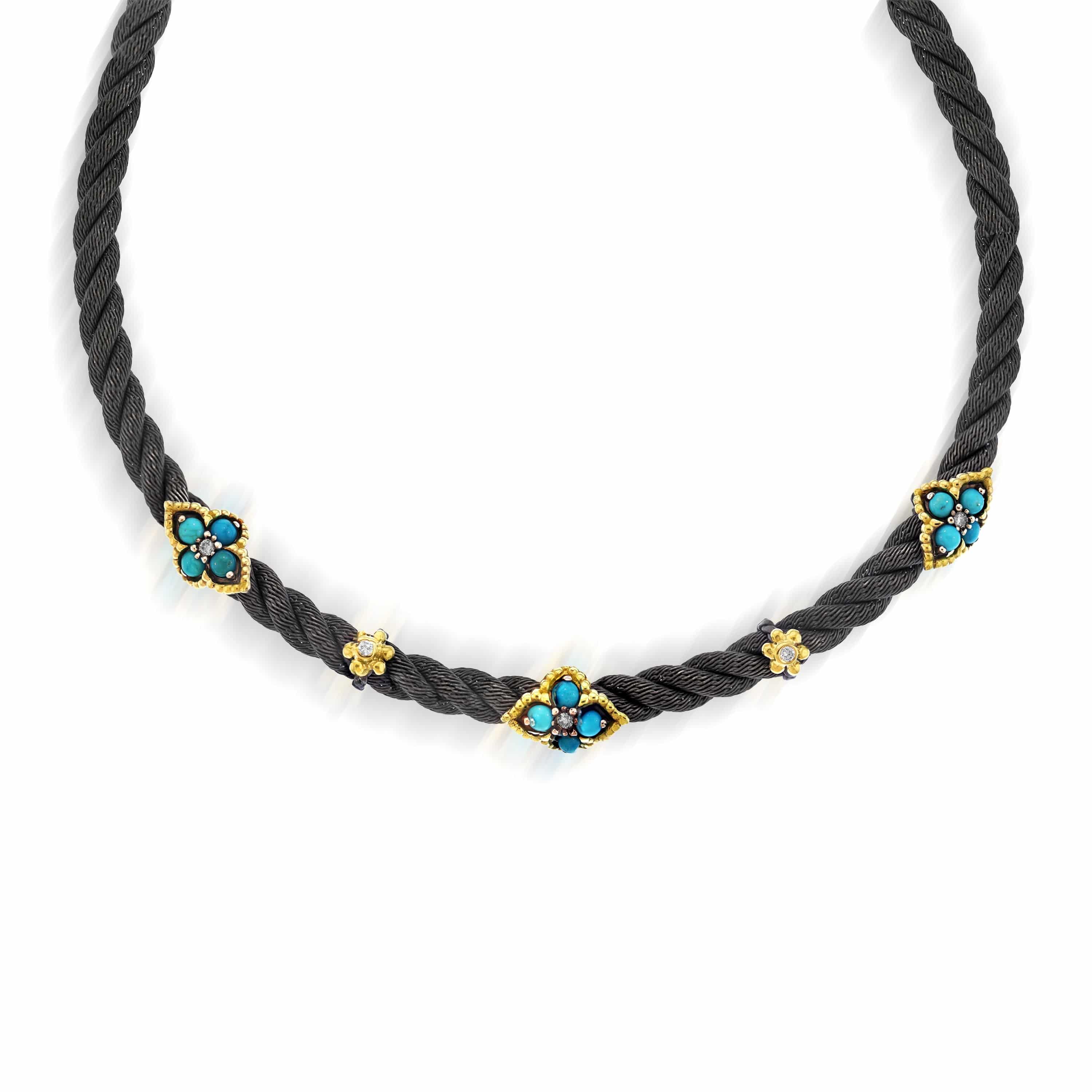 AGED SILVER 18K GOLD TURQUOISE DIAMOND CABLE CHOKER NECKLACE - Stambolian | House of Jewels