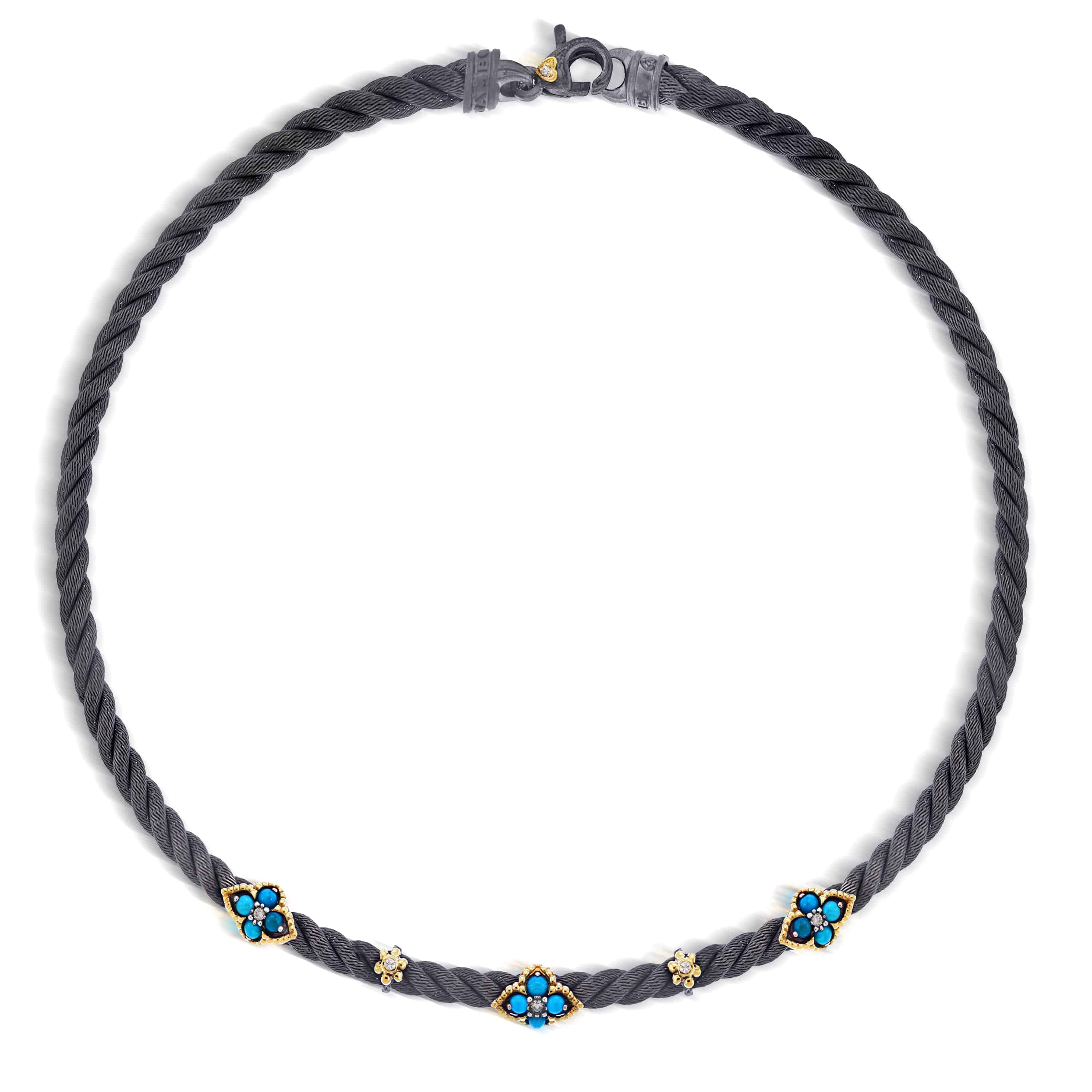 AGED SILVER 18K GOLD TURQUOISE DIAMOND CABLE CHOKER NECKLACE - Stambolian | House of Jewels