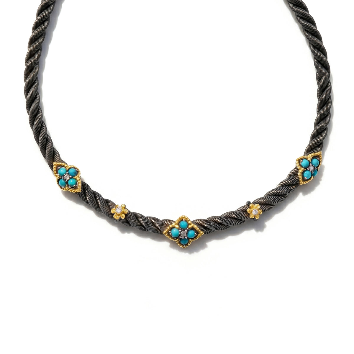 "Beginnings" Sleeping Beauty turquoise and diamond cable choker in aged silver and 18K gold, front view