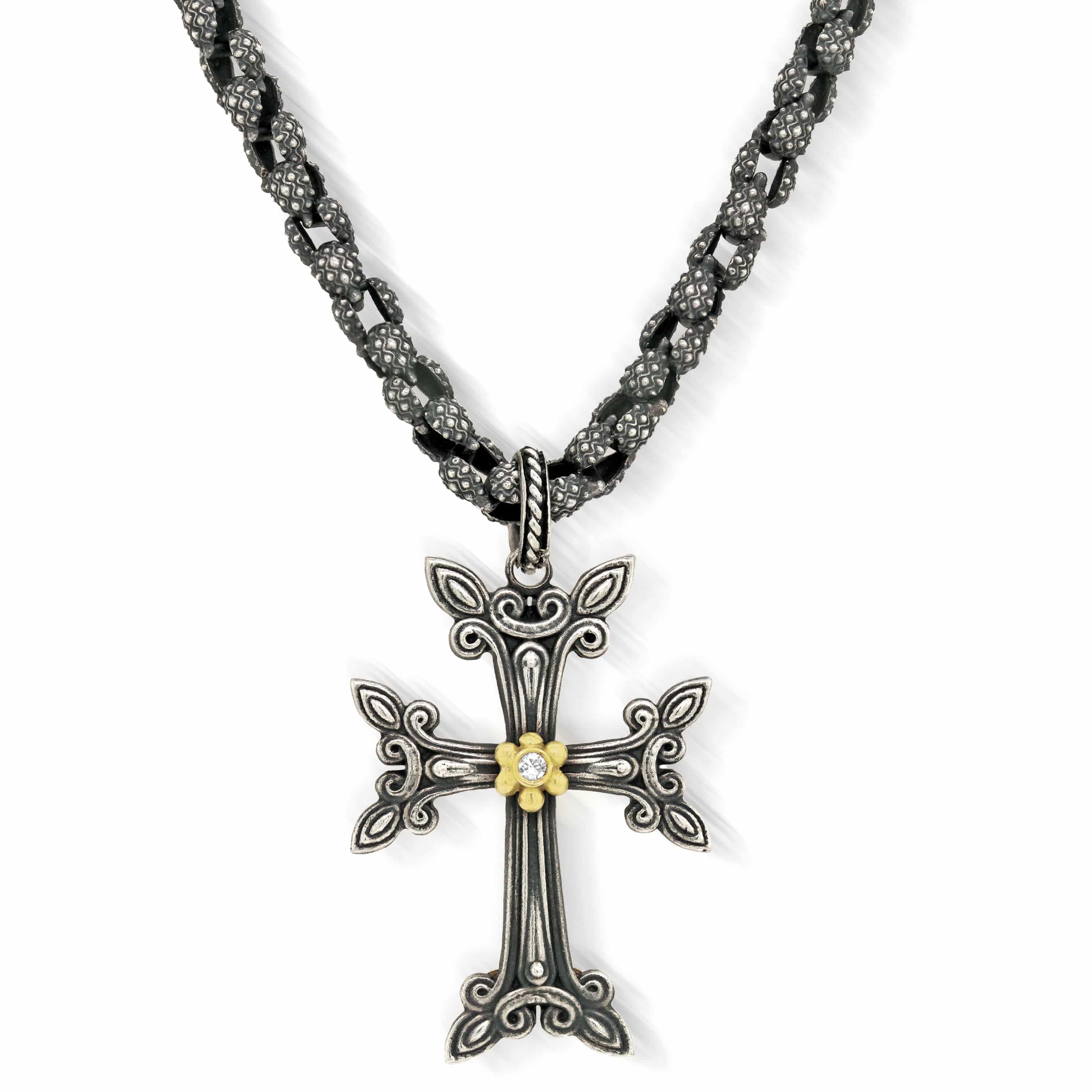 ARMENIAN CROSS AGED SILVER 18K GOLD DIAMOND PENDANT NECKLACE - Stambolian | House of Jewels