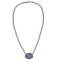 MAN ON THE MOON AGED SILVER & 18K GOLD DIAMONDS BLUE ENAMEL GREY MOONSTONE PENDANT NECKLACE