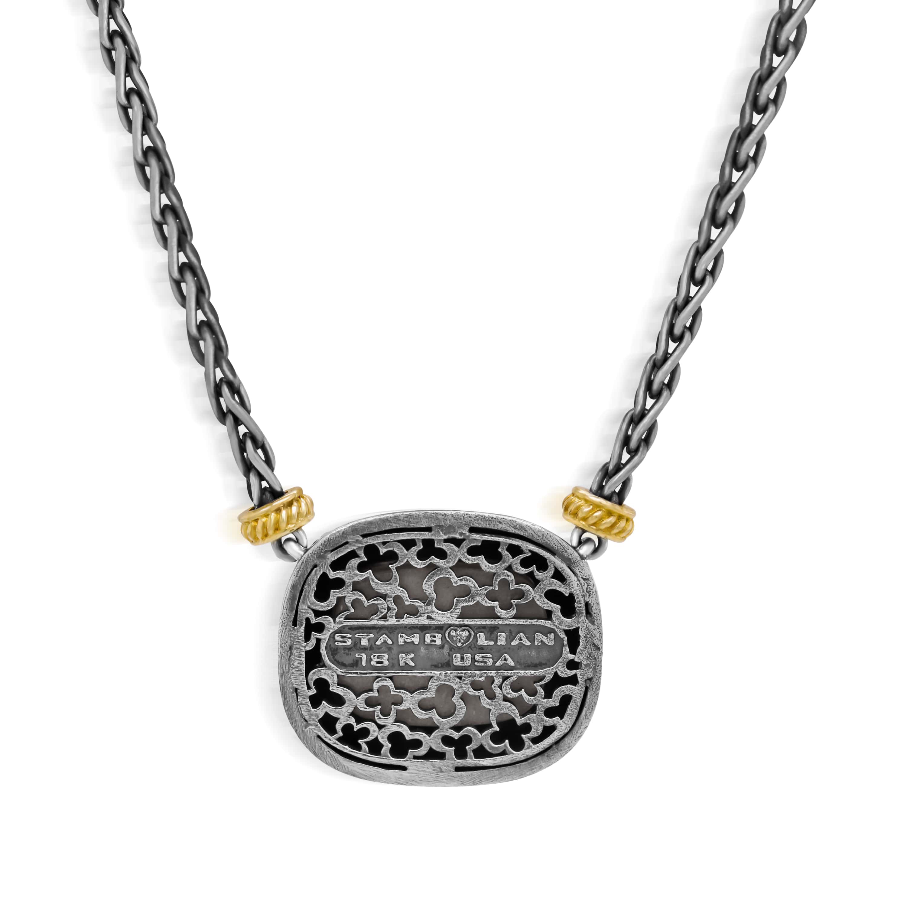 Stambolian Man on the Moon Grey Moonstone and Diamond Pendant with Blue Enamel Front View