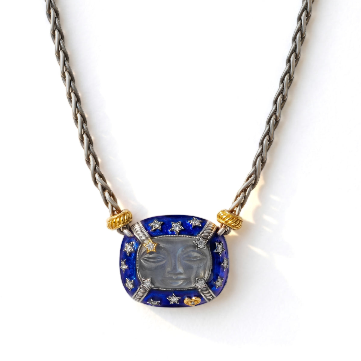 "Man on the Moon" aged silver and 18K gold pendant necklace with cobalt blue enamel, grey moonstone and diamonds, front view