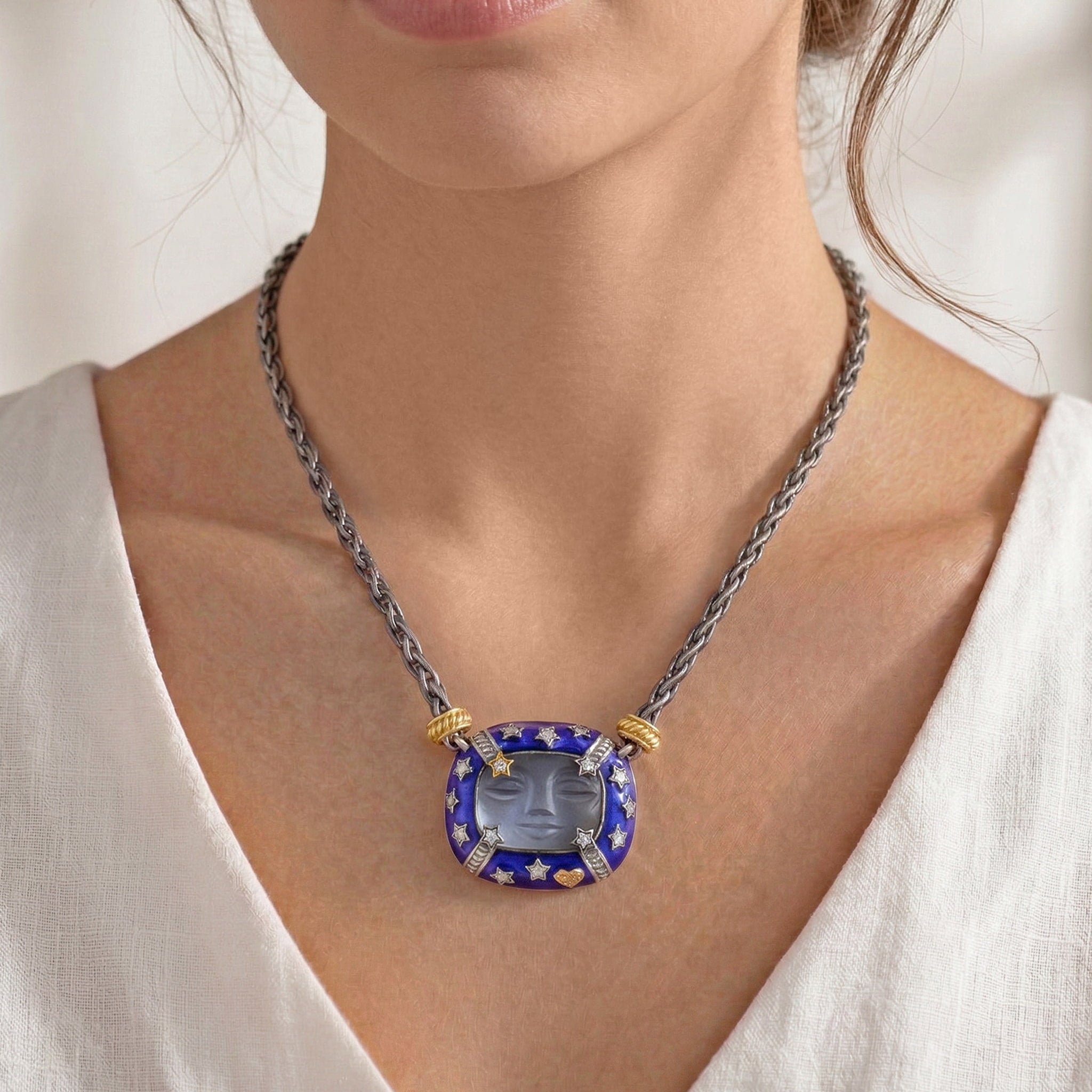 Stambolian Man on the Moon Grey Moonstone and Diamond Pendant with Blue Enamel Front View