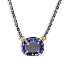 MAN ON THE MOON AGED SILVER & 18K GOLD DIAMONDS BLUE ENAMEL GREY MOONSTONE PENDANT NECKLACE