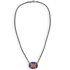 MAN ON THE MOON AGED SILVER & 18K GOLD DIAMONDS BLUE ENAMEL PEACH MOONSTONE PENDANT NECKLACE