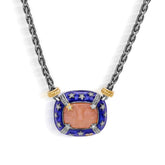 MAN ON THE MOON AGED SILVER & 18K GOLD DIAMONDS BLUE ENAMEL PEACH MOONSTONE PENDANT NECKLACE