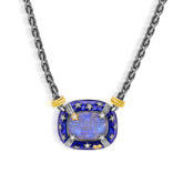 MAN ON THE MOON AGED SILVER & 18K GOLD DIAMONDS BLUE ENAMEL RAINBOW MOONSTONE PENDANT NECKLACE