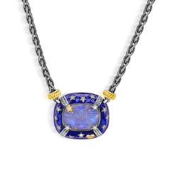 MAN ON THE MOON AGED SILVER & 18K GOLD DIAMONDS BLUE ENAMEL RAINBOW MOONSTONE PENDANT NECKLACE