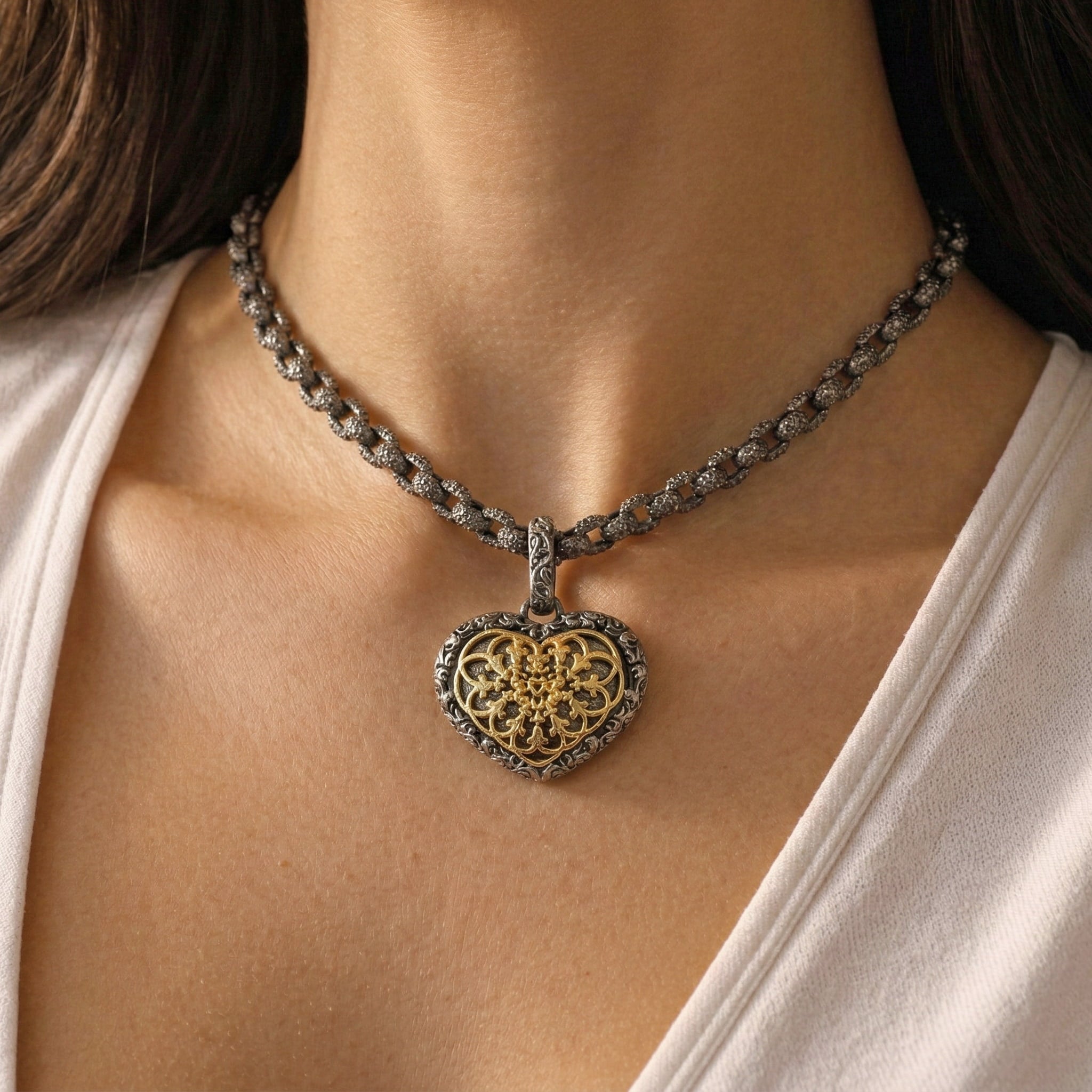 Model Wearing Stambolian Beginnings Heart Pendant Necklace Showing Scale and Drape