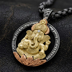 Ganesh Aged Silver Gold Diamond Pendant Necklace