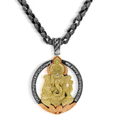 GANESH AGED SILVER 18K GOLD DIAMOND PENDANT NECKLACE