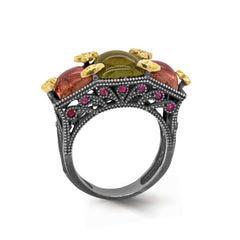 AGED SILVER 18K GOLD CABOCHON TOURMALINE SAPPHIRES THREE STONE RING